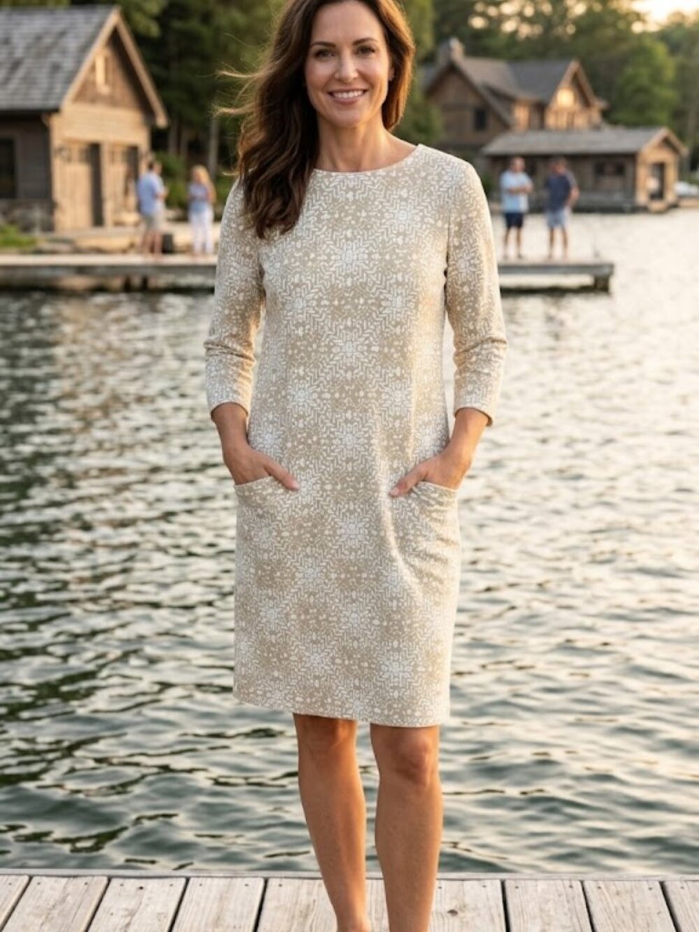 J McLaughlin Catalina Cloth Diamond Print 3/4 Sleeves Dress with Pockets Size M